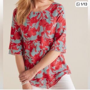 Soft Surroundings Top Red Turquoise Floral Lettuce Edge Ruffle Hem Size S Boho